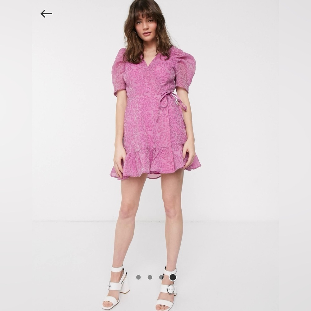 & Other Stories Jacquard Puff Wrap Floral Mini Dress Boho Fairy Pink Purple M